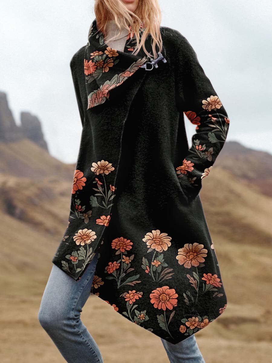 Women's Flower Print Casual Asymmetrical Coat