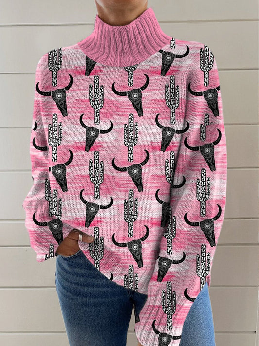 Cow Skull Cactus Seamless Printing Knit Turtleneck Pullover Sweater