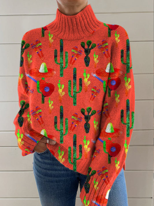 Orange Guitar Cactus Printing Knit Turtleneck Pullover Sweater