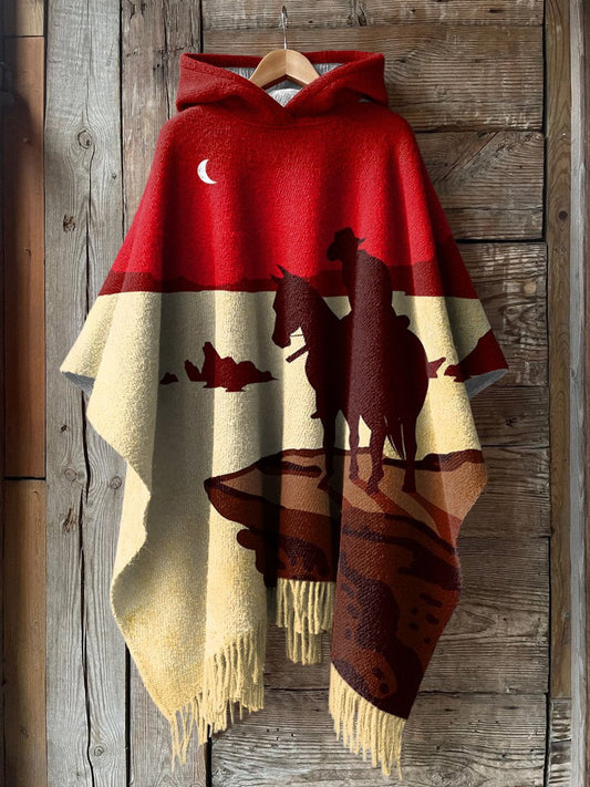 Western Life Cowboy Art Printed Casual Knitted Blanket Poncho Hood Cape