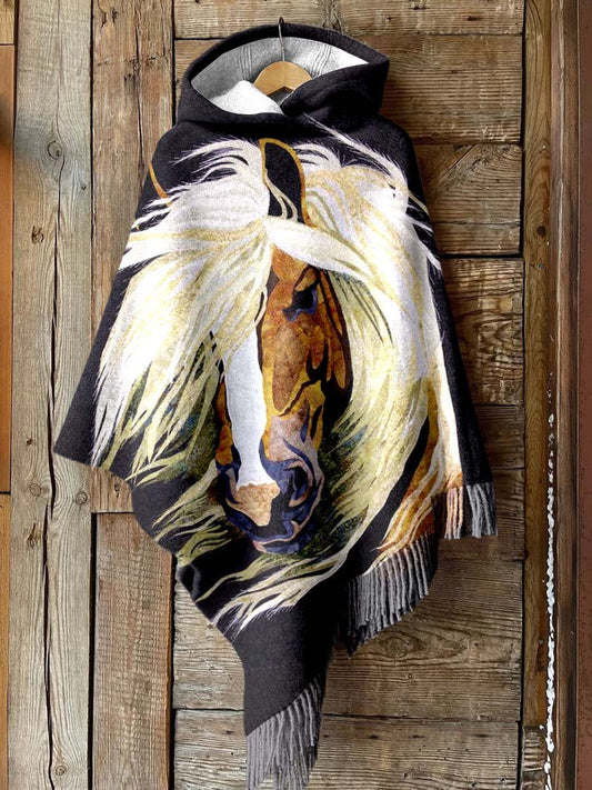 Women's Horse Art Print Casual Knitted Blanket Poncho Hood Cape