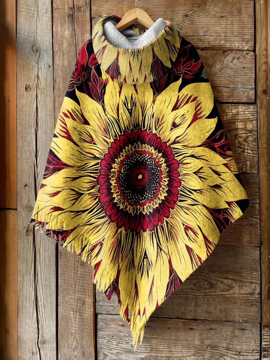 Women's Vintage Sunflower Art Print Casual Knitted Blanket Poncho Hood Cape