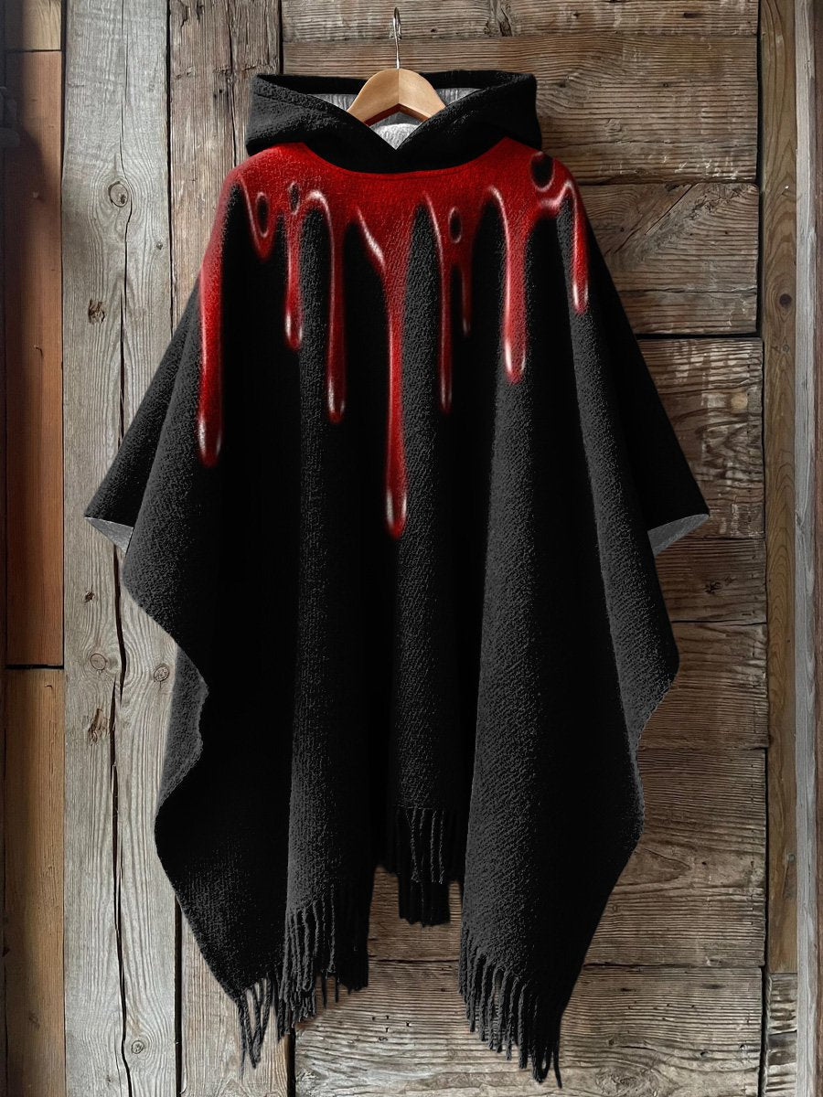 Halloween Dripping Blood Art Printed Casual Knitted Blanket Poncho Hood Cape