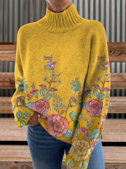 Vintage Print Knit Turtleneck Pullover Sweater