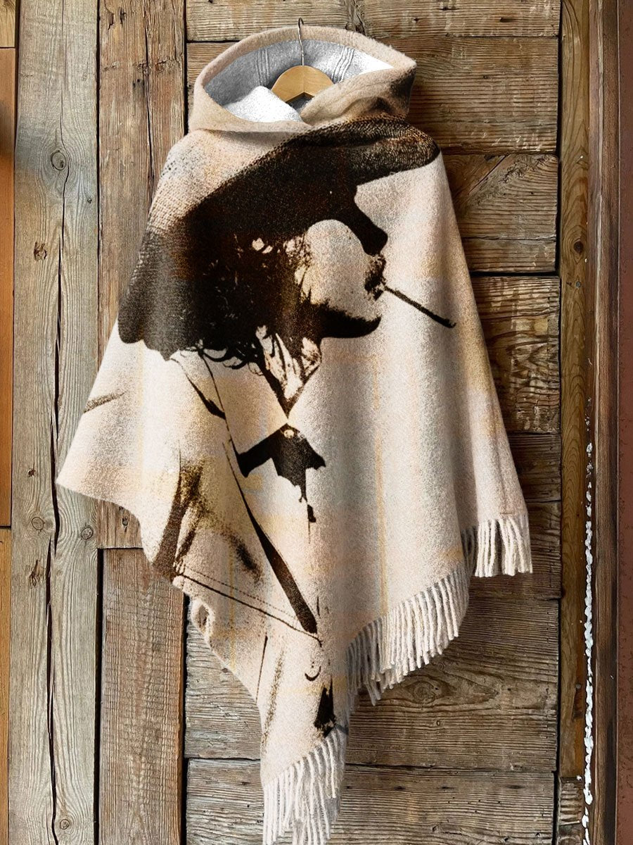 Women's Vintage Wild West Cowboy Art Print Casual Knitted Blanket Poncho Hood Cape