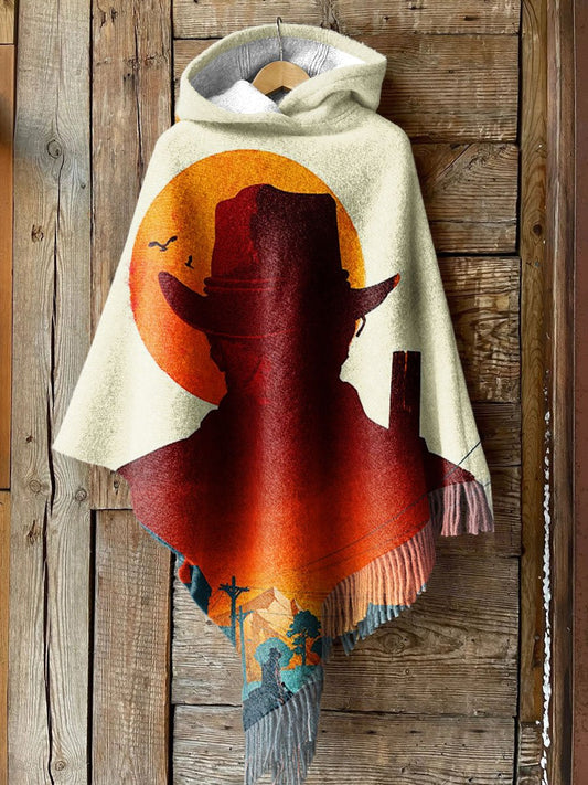 Women's Retro Silhouette Reflection Town Art Print Casual Knitted Blanket Poncho Hood Cape