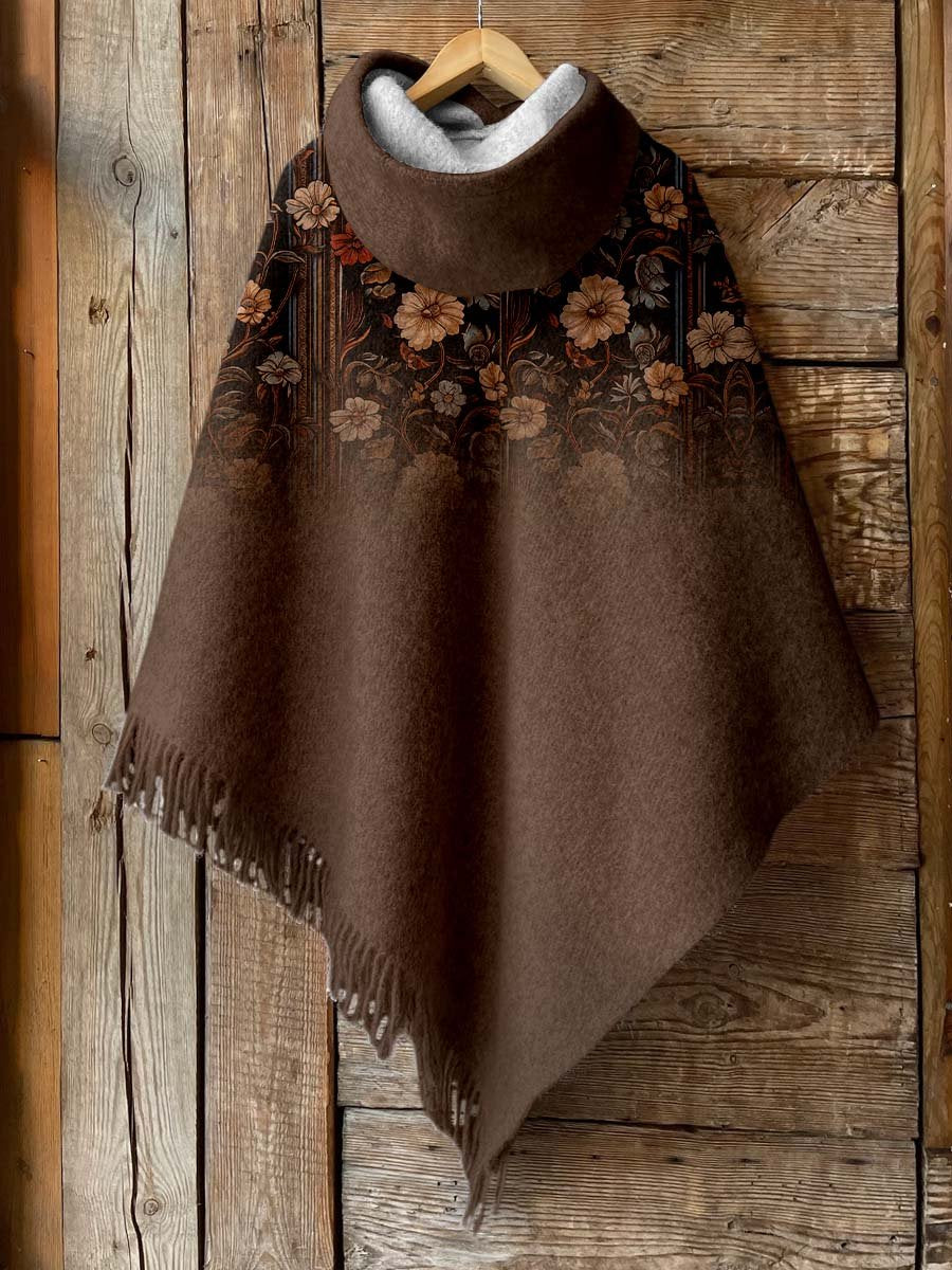 Women's Brown Print Casual Knitted Blanket Poncho Hood Cape