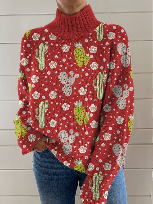 Red Floral Cactus Printing Knit Turtleneck Pullover Sweater