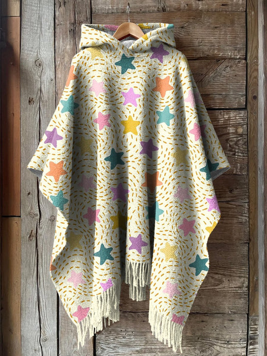 Lovely Cartoon Star Pattern Printed Women's Casual Knitted Blanket Poncho Hood Cape