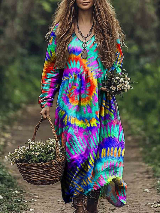 Women's Colorful Tie Dye Art Print Pocket Cotton Dress