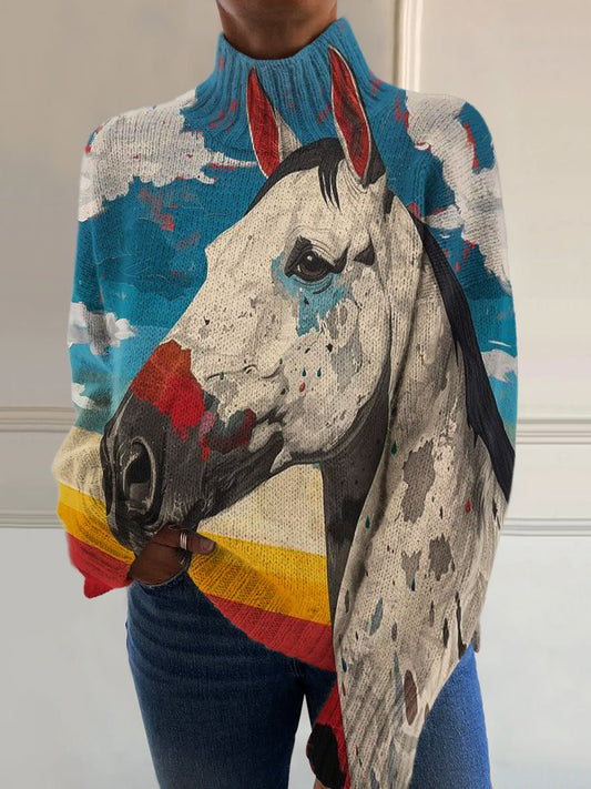 Vintage Colorful Dancing Horses Art Print Knit Turtleneck Pullover Sweater