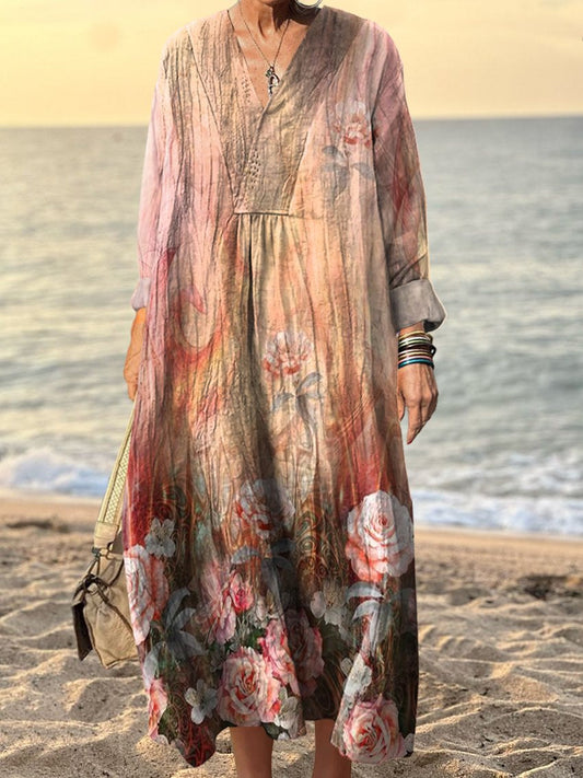 Women's Bohemian Retro Floral Pattern V Neck Long Sleeve Dress