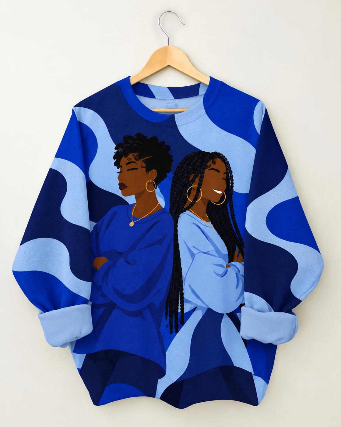 Blue Abstract Wave Two Women Graphic Sweatshirt