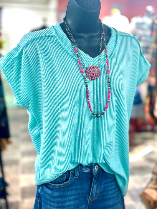 The Minty Moonlight Corded V Neck Top