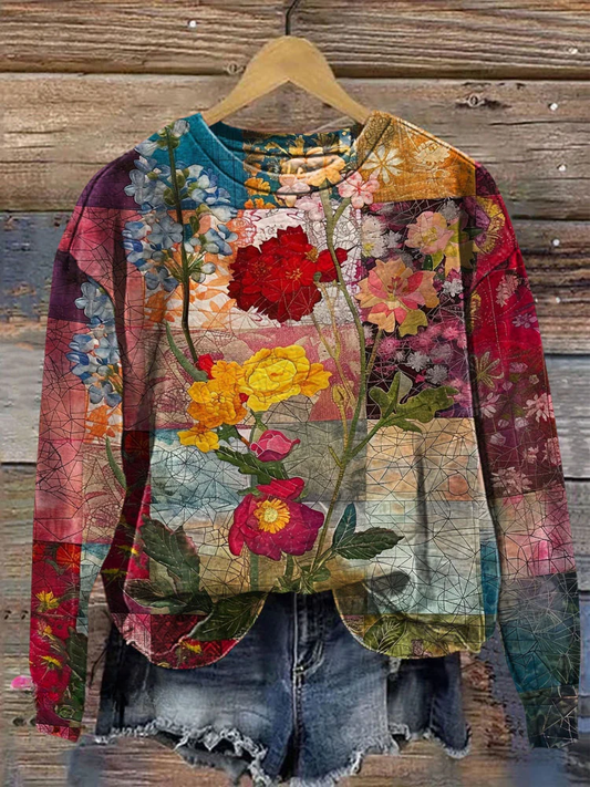 Vintage Floral Patchwork Art Print Casual  Sweatshirt