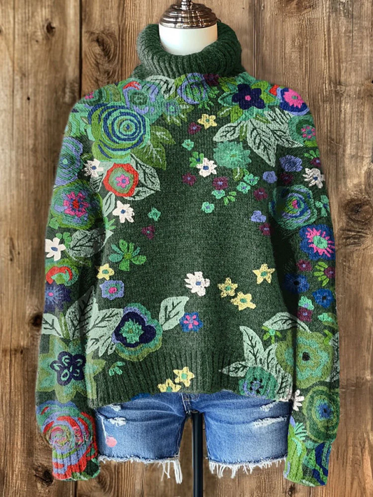 Vintage Rose Floral Print Knit Turtleneck Pullover Sweater