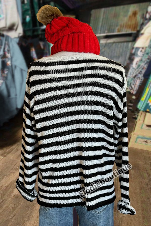 Striped V-Neck Heart Pattern Long Sleeve Sweater
