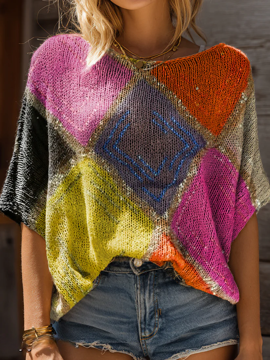 Women's Bohemian Colorful Rhombus Art Print Casual Short Sleeves Pullover Sweater