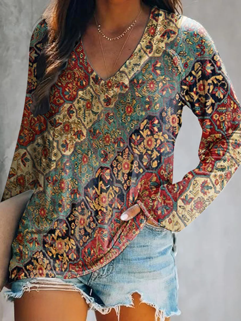 Women's Bohemian Ethnic Totem Art Print Casual V-Neck Long Sleeve T-Shirt