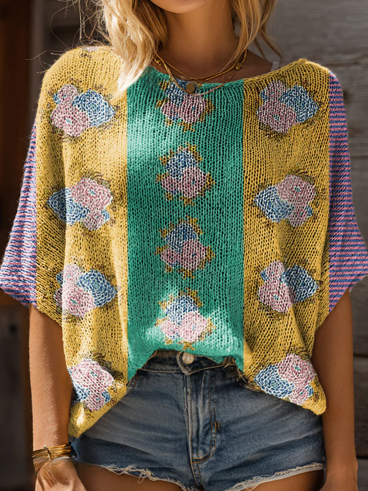 Women's Bohemian Floral Art Print Casual Short Sleeves Pullover Sweater