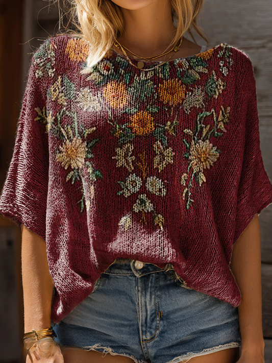 Women's Bohemian Floral Art Print Casual Short Sleeves Pullover Sweater
