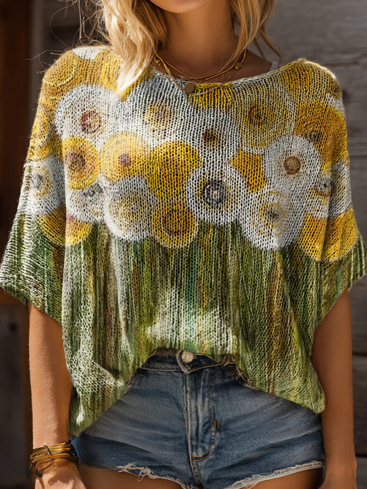Women's Bohemian Floral Art Print Casual Short Sleeves Pullover Sweater