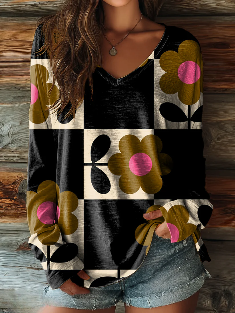Women's Bohemian Floral Art Print Casual V-neck Long Sleeve T-shirt