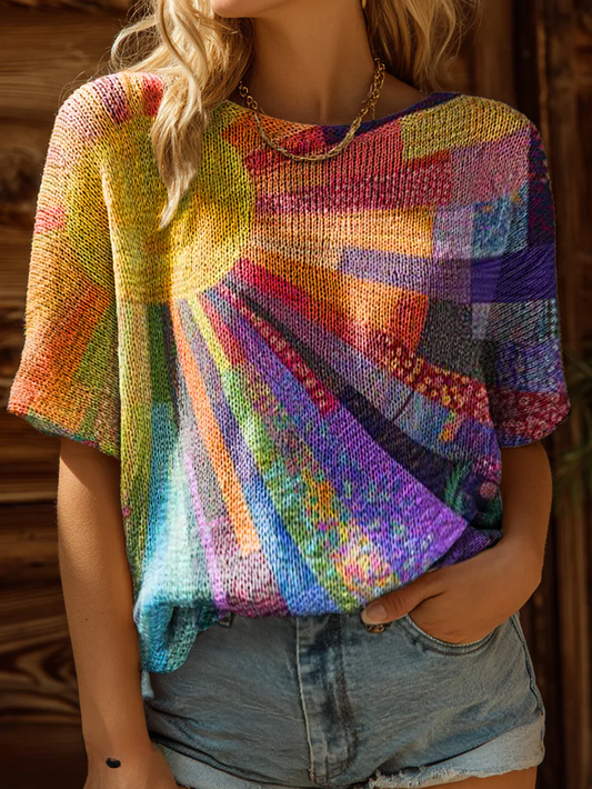 Women's Colorful Sun Collage Art Print Casual Crew Neck Short Sleeve Knitted Sweater