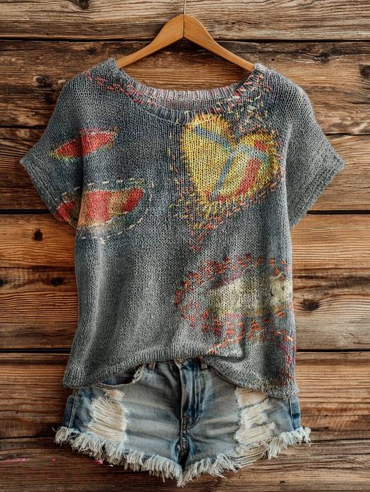 Women's Heart Patchwork Art Pattern Print Casual Crew Neck Short Sleeve Knitted Sweater