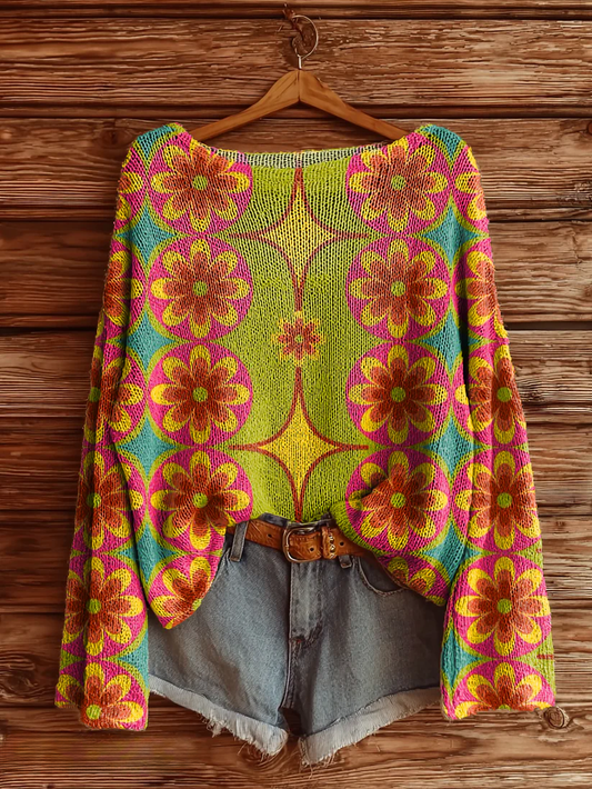 Women's Hippie Bohemian Floral Art Print Casual Pullover Sweater