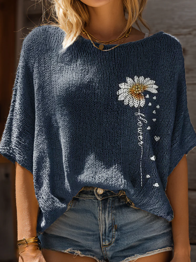 Women's Hippie Floral Art Print Casual Short Sleeves Pullover Sweater