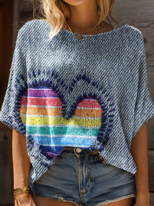 Women's Rainbow Heart Art Pattern Print Casual Pullover Sweater