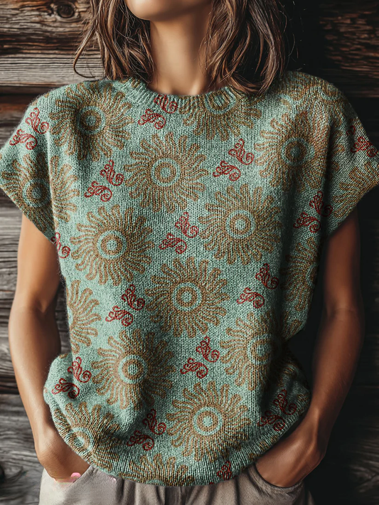 Women's Retro Ethnic Bohemian Floral Art Print Casual Crew Neck Short Sleeve Knitted Sweater