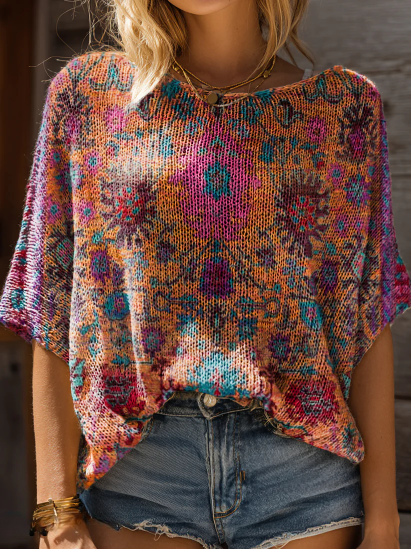 Women's Retro Ethnic Totem Art Pattern Print Casual Pullover Sweater