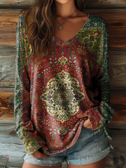 Women's Retro Ethnic Totem Art Print Casual V-neck Long Sleeve T-shirt