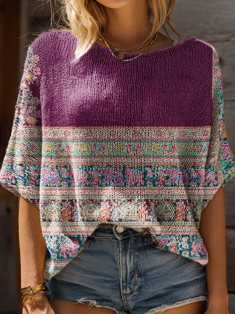 Women's Retro Ethnic Totem Floral Art Print Casual Short Sleeves Pullover Sweater