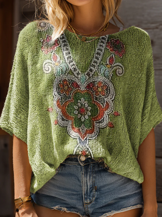 Women's Retro Ethnic Totem Floral Art Print Casual Short Sleeves Pullover Sweater