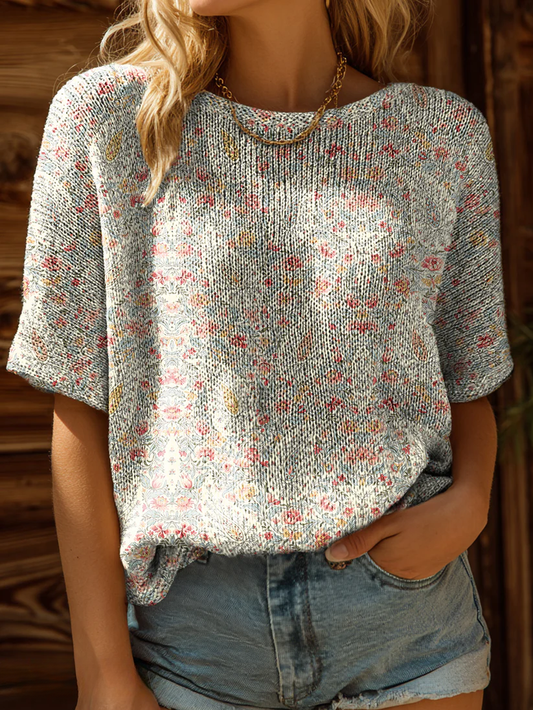 Women's Retro Paisley Floral Art Print Casual Crew Neck Short Sleeve Knitted Sweater