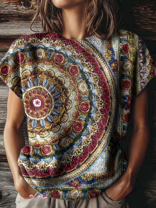 Women's Vintage Bohemian Floral Art Print Casual Crew Neck Short Sleeve Knitted Sweater