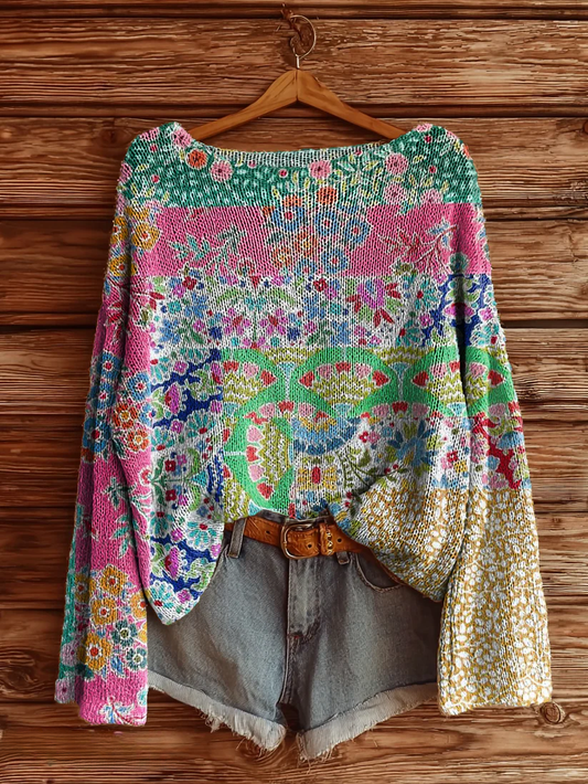 Women's Vintage Bohemian Floral Art Print Casual Pullover Sweater