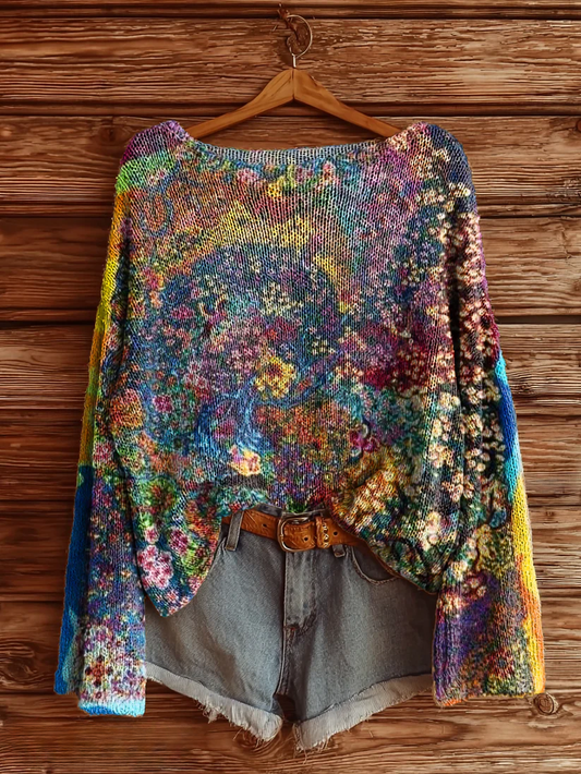 Women's Vintage Bohemian Floral Art Print Casual Pullover Sweater