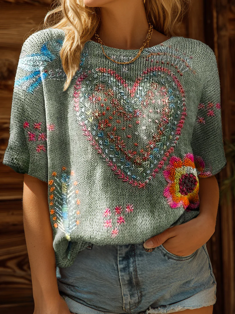 Women's Vintage Bohemian Floral Love Art Print Casual Crew Neck Short Sleeve Knitted Sweater