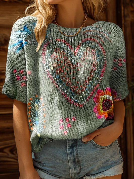 Women's Vintage Bohemian Floral Love Art Print Casual Crew Neck Short Sleeve Knitted Sweater