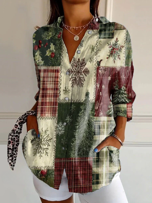 Women's Vintage Christmas Patchwork Art Print Casual Cotton Shirt