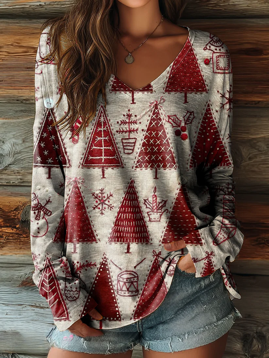 Women's Vintage Christmas Tree Patchwork Art Print Casual V-neck Long Sleeve T-shirt