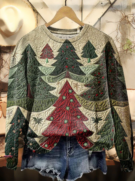 Women's Vintage Christmas Tree Textured Print Casual Sweatshirt