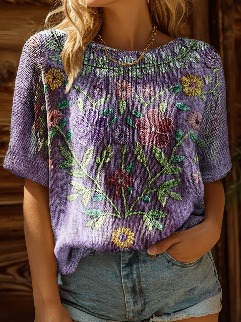 Women's Vintage Ethnic Floral Art Print Casual Crew Neck Short Sleeve Knitted Sweater