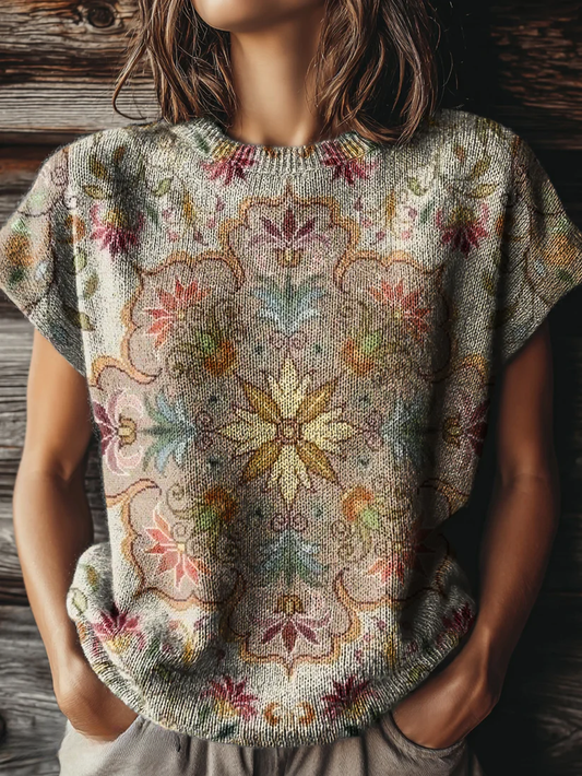 Women's Vintage Ethnic Floral Art Print Casual Crew Neck Short Sleeve Knitted Sweater