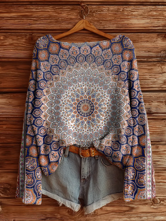 Women's Vintage Ethnic Floral Art Print Casual Pullover Sweater